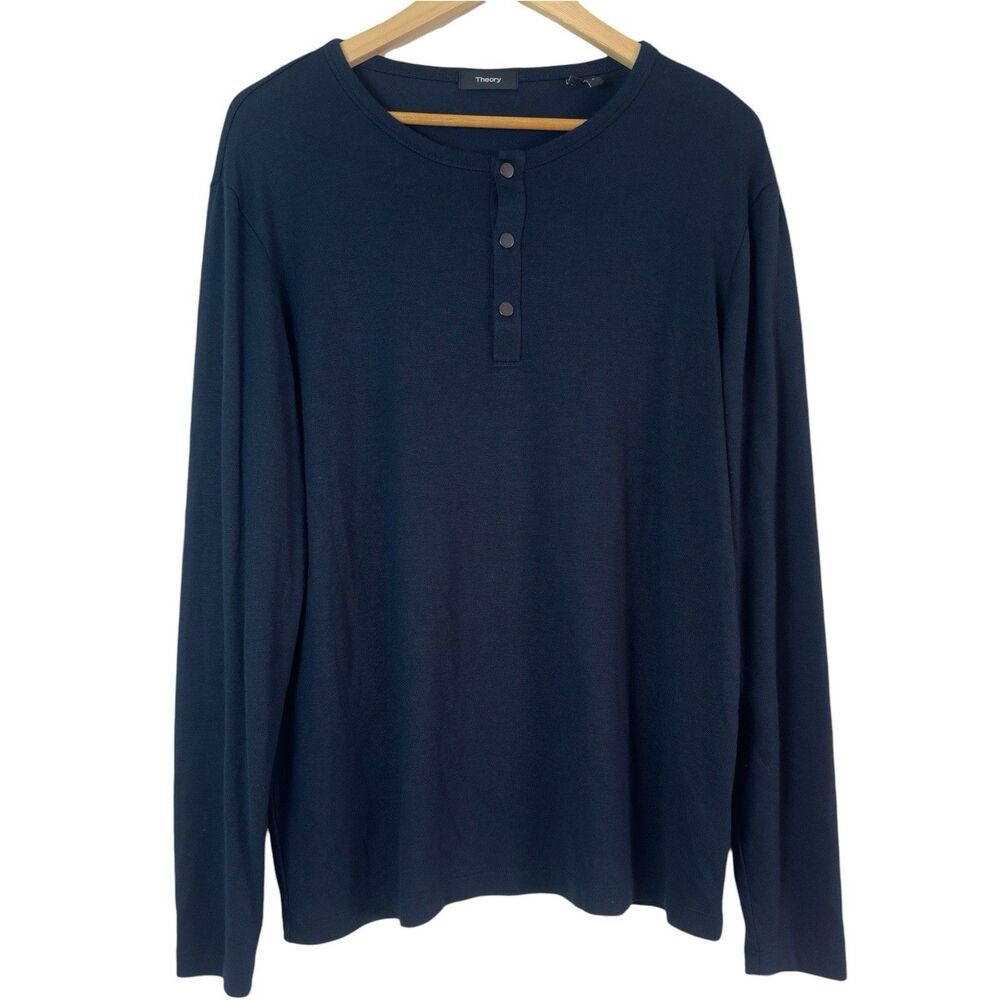 Theory Snap Henley Shirt XL Navy Long Sleeve Preppy Luxury Crewneck